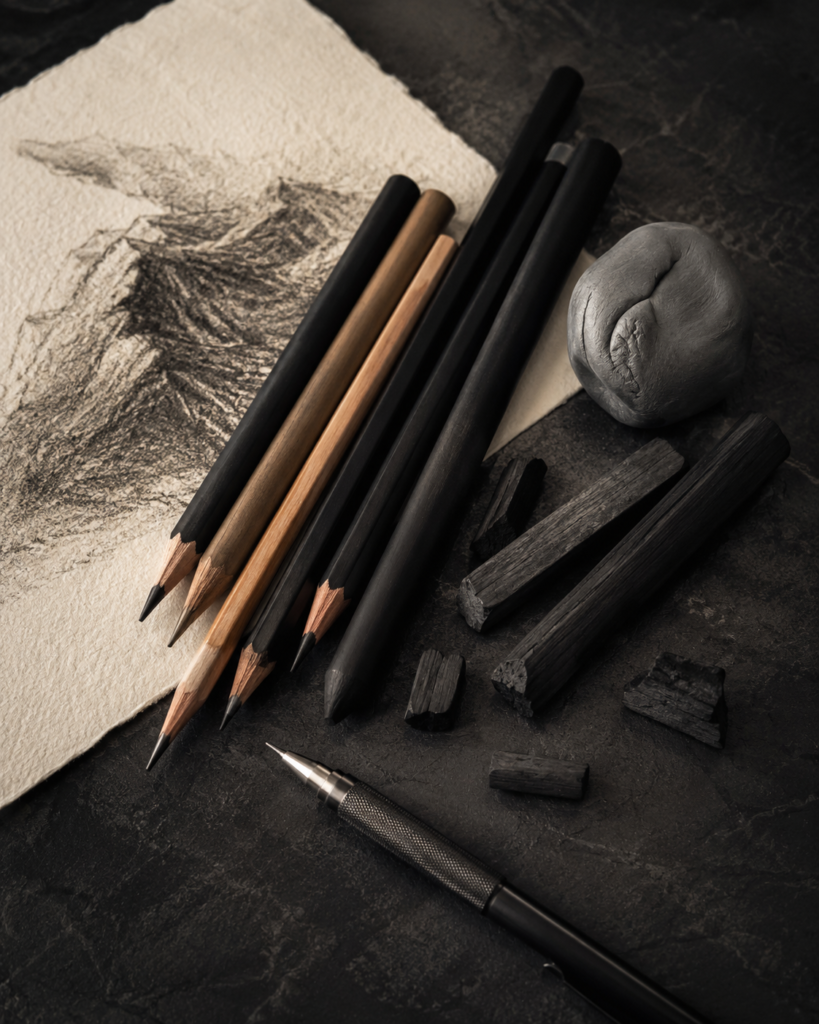 Graphite pencils and charcoal drawing materials
